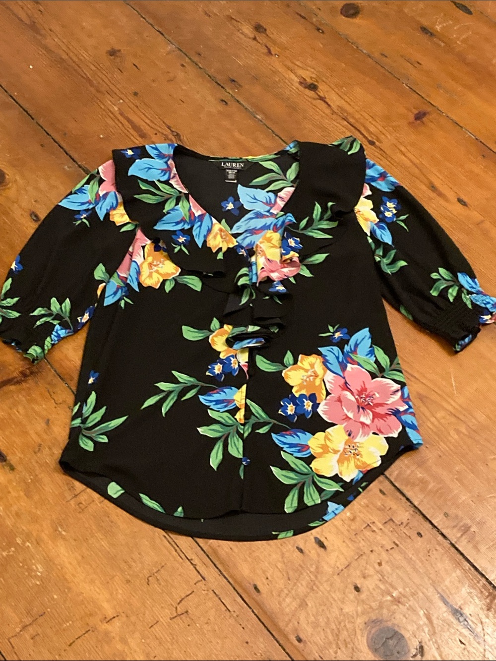 Ralph Lauren Black Floral Ruffle-Trim Button Front Blouse Size:XXS